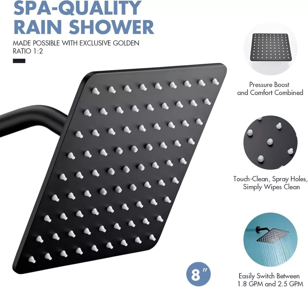Wall Mounted Shower Faucet Set Black Rain Shower Head Combo with Mixer Valve Kit - Image 3