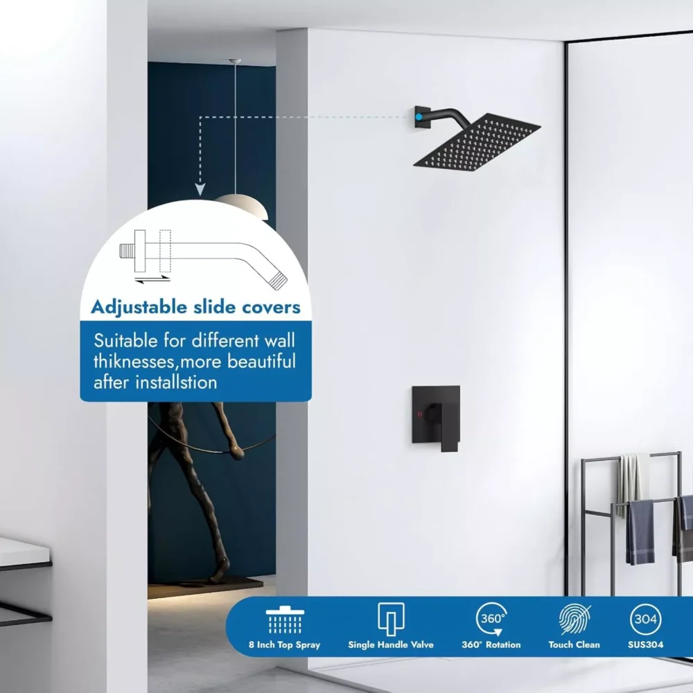 Wall Mounted Shower Faucet Set Black Rain Shower Head Combo with Mixer Valve Kit - Image 4